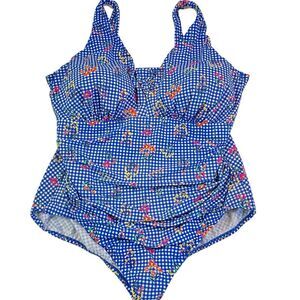 Lands End Slender Grecian One Piece Swimsuit 22W Gingham Floral Tummy Control